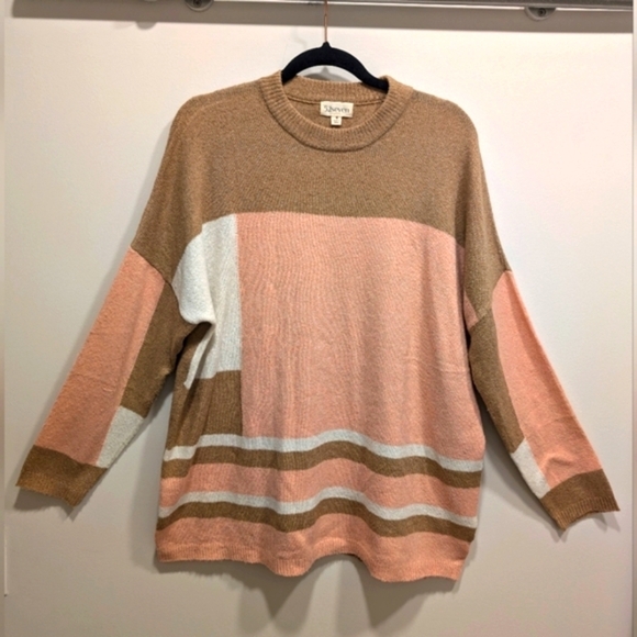 Tan Pink and White Soft Colorblock Sweater Size Medium - Picture 1 of 4